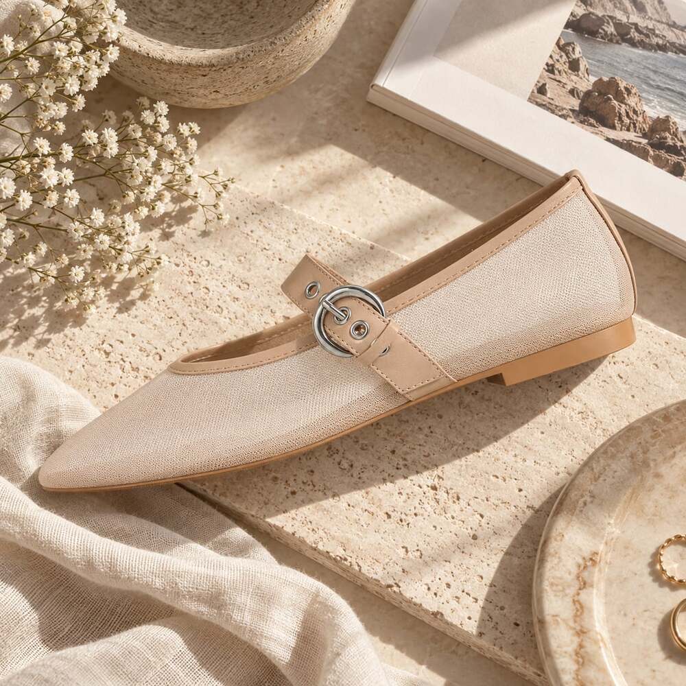 Dsevht Mesh Ballet Flats for Women Round Toe Mary Jane Buckle Strap